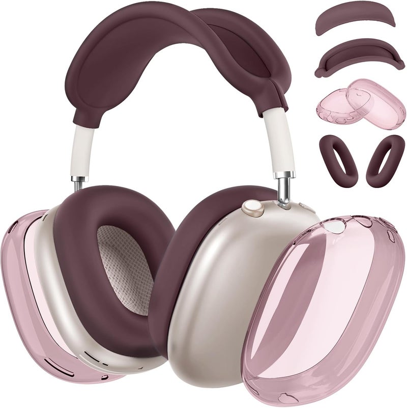 MINDRESY [4 in 1] Silicone Case Cover for AirPods Max, Clear Soft TPU Ear Cups Cover/Ear Pad Case Covers/Headband Covers Transparent Accessories for Apple AirPods Max (2024/2020)(USB-C/Lightning), Burgundy - Image 1